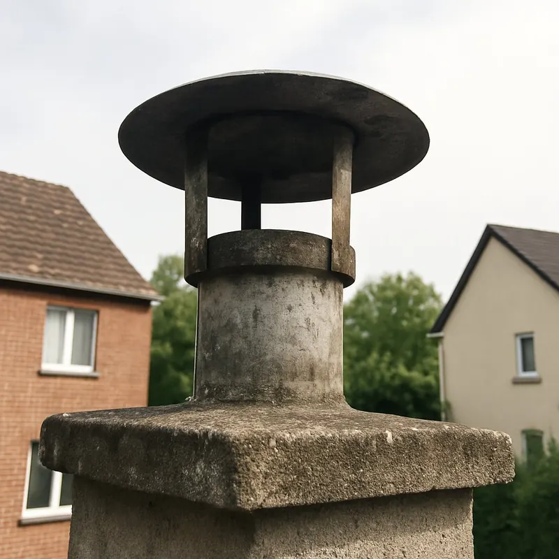 Ancien chapeau de cheminée en béton noirci et fissuré