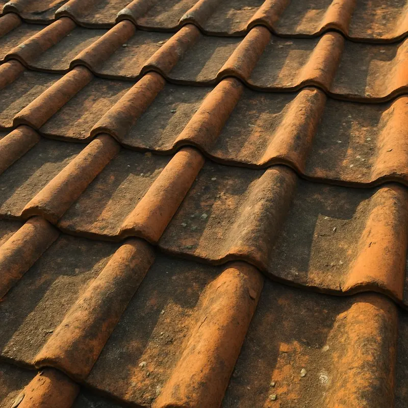 Tuiles anciennes couvertes de mousse et de lichen