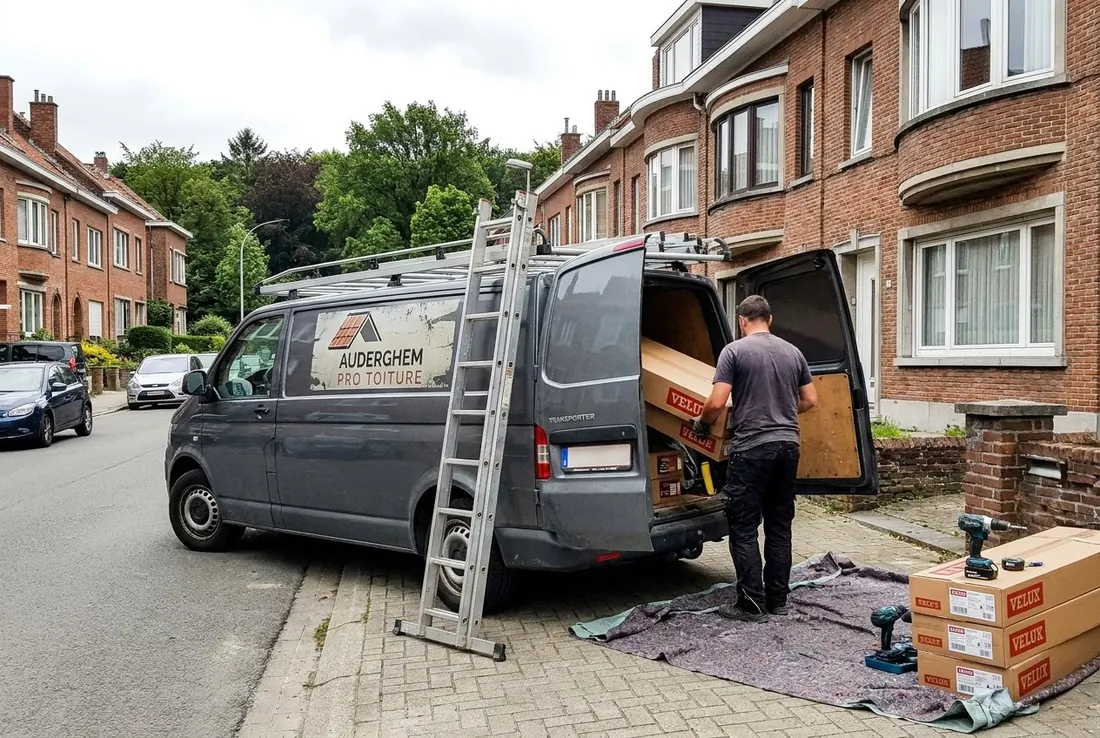 Camionnette Auderghem Pro Toiture garée, échelle et matériel sur une bâche