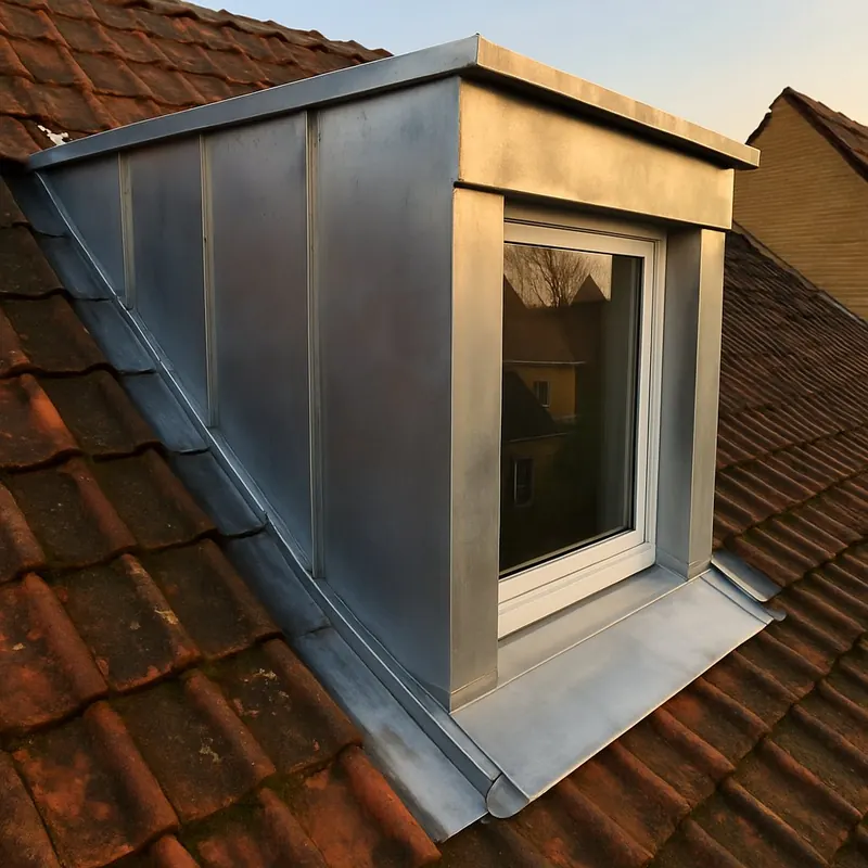 Lucarne habillée de zinc sur une toiture en tuiles
