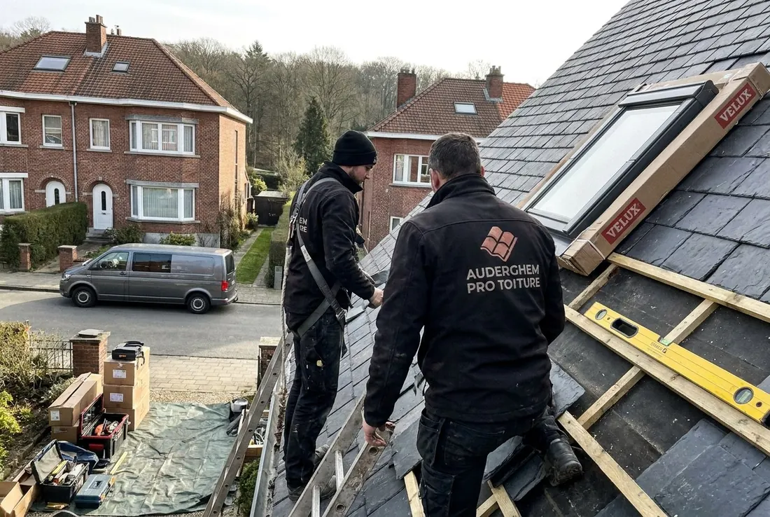 Deux couvreurs posent une fenêtre de toit dans une couverture en ardoises